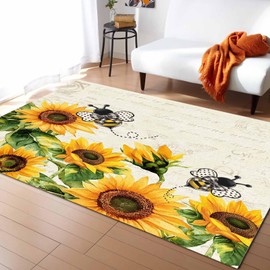 Sunflower Area Rugs Indoor Non-Slip Washable Rug 2x3 Ft Farmhouse Yellow Floral with Bee Retro Beige Background Rubber Backing Floor Mats Non Shedding Home Decor Carpet for Entryway Living Room