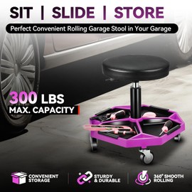 Auto Dynasty Mechanic Stool, Adjustable Rolling Pneumatic Creeper Garage Shop Seat with Tool Tray, 300 LBS Roller Seat for Workshop Auto Repair, Adjustable Height 15.7" to 21", Purple