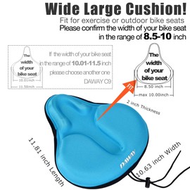 DAWAY C6 Large Comfortable Bike Seat Cushion - Extra Soft Bicycle Saddle Cover, Thick Memory Foam & Gel Padded, Comfort Cycling Pad, Fit for Peloton, Stationary Exercise, Mountain, Road Bikes, Blue