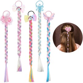 5 Pcs Colored Braids Hair Extensions, Rainbow Braided Hairpieces with Rubber Bands, Cute Ponytail Bows for Women & Kids, Cosplay Accessories for Birthday Parties & Daily Dress Up