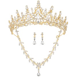 Aimilcall Silver Tiaras Crown And Jewelry Sets for women,Tiaras Earrings and Necklace for Wedding, Birthday,Rhinestone Crystal Bridal Jewelry Sets for Costume Birthday Party Prom(A5) (Gold White)