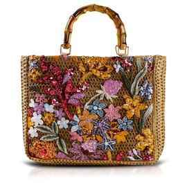 QTKJ Tote Bag for Women, Unique Embroidered Patchwork Straw Bag with Bamboo Handle, Square Beach Bag for Important Occasions, Work, Travel(Style 1)