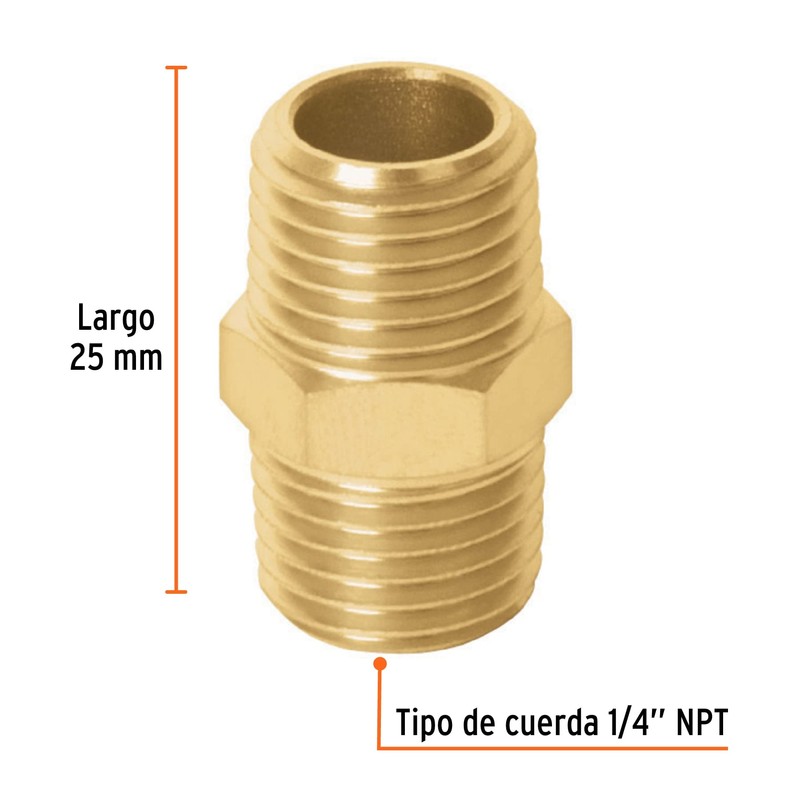 Truper NIPLE, Niple de latón, tipo FF, cuerda 1/4 NPT