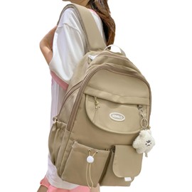 ZESU Women's Korean Backpack, Large Capacity, Lightweight, For School, High School, Students, Unisex, Casual Bag, Commute, School, Town, Backpack, For Commuting, School, Outdoor, Black, Khaki