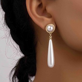 Aneneiceera Boho Pearl Teardrop Earrings Gold Elongated Pearl Stud Earring White Pearl Earring Long Bead Dangle Earrings Jewelry for women