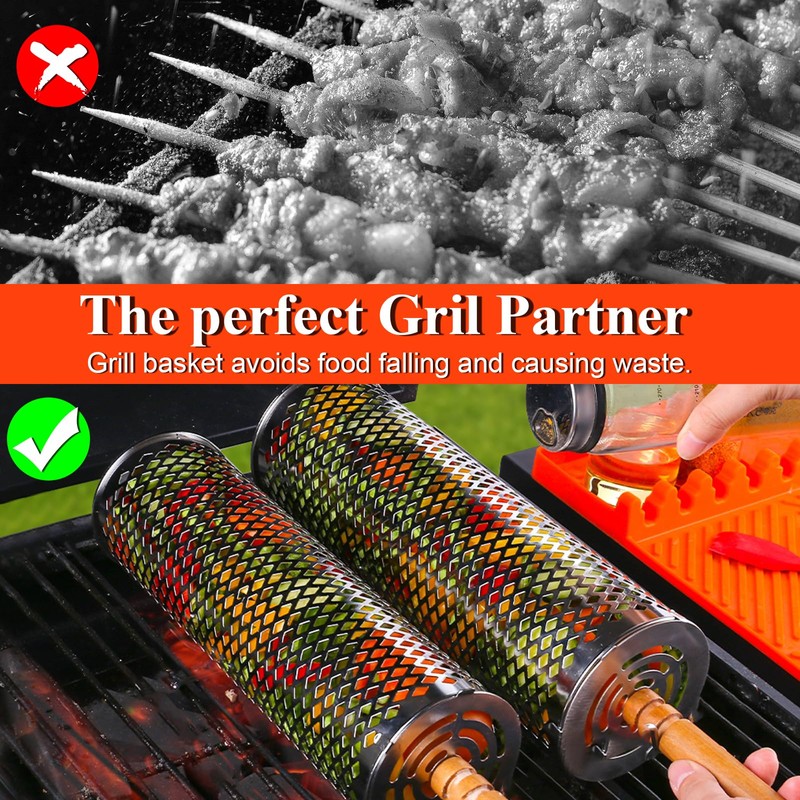 Rolling Grill Baskets(2 PCS),304 Stainless Steel with Removable Wooden Handle,