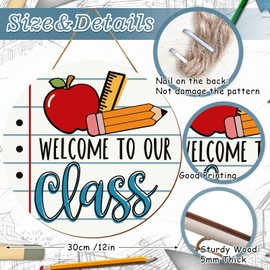 Whaline Welcome Sign for Classroom Door Decorations 12" Welcome to Our Classroom Wooden Hanging Sign Back to School Welcome Door Hanger with Apples Pen Ruler for School Classroom Porch Front Door Decor