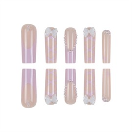 SINHOT Square Press on Nails Long - 3D White Bowknot Fake Nails Glossy Glue on Nails White Pearls Acrylic Nails Purple French Tip Squoval Artificial Nails Stick on False Nails with Design 24pcs