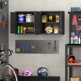 Steel Wall Cabinet, Metal Locking Wall Cabinet, Wall Hanging Metal Cabinet for Garage Tool Storage, Wall Mount Tool Cabinet for Garage, Laundry Room, Pantry, Black