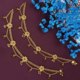 Efulgenz Indian Anklets for Women with Layered Chain Antique Gold Tone Boho Rhinestone Ankle Bracelet Pair Anklet Set with Faux Pearl Charms Payal Beach Barefoot Feet Jewelry for Women