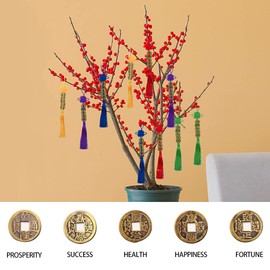 10 Pieces Chinese Knot Colorful String Feng Shui Charm Vintage I-Ching Lucky Coin New Year Decorations Car Hanging Decoration 5 Coins Emperor Money Chinese Amulet for Family Friends Health and Wealth