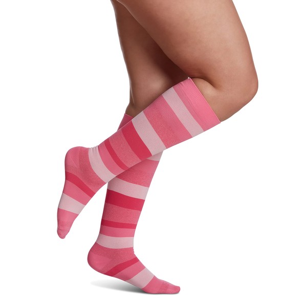 Sigvaris Women’s Style Microfiber Patterns 830 Closed Toe Calf-High Socks 20-30mmHg - Pink Stripe - Small Long