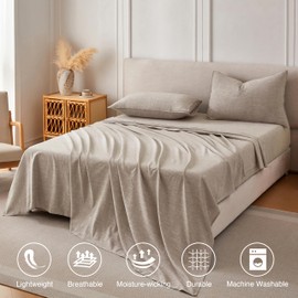 HOMICIA Linen Sheets King Size, Stonewashed Linen Cotton Blend Sheets with Slub Texture, Breathable & Soft Cotton Bedsheets, All-Season Comfort, 4 Pieces, Beige