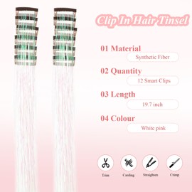 Dazzle White Tinsel Hair Extensions Hair Tinsel 12 Pcs Clip In Tinsel Hair 20 Inch Tinsel Hair Clip In Tinsel Hair Accessories For Girls Glitter Tinsel Hair Extensions For Party (12Pcs,Dazzle White#)