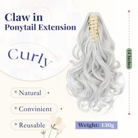 TESS Claw On Ponytail Extension Matte Material 14 Inch/37cm Curly Wavy Clip In Pony tail Synthetic Hairpiece, Silver Gray
