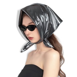 JENSVOIR Head Scarf for Women - Glossy Silver Metallic Shiny Square Bandana Hair Scarf 23.6 Inch Soft and Comfortable Neck Scarf
