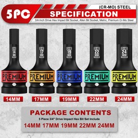 Aiourx 3/4" Drive Impact Hex Bit Socket Set, Metric,14mm, 17mm, 19mm, 22mm, 24mm, Impact Allen Bit Socket, Cr-Mo Steel, One-Piece Construction, 5-Pieces