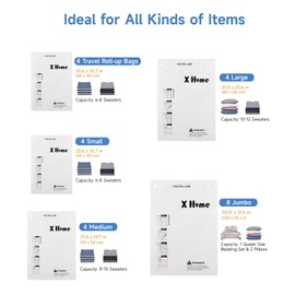 24 Pack Vacuum Storage Bags, Space Saver Vacuum Seal Bags for Clothing, Bedding, Blankets, Comforters,Travel Luggage, Vacuum Compression Bags with Hand Pump (8 Jumbo+4L+4M+4S+4 Roll-up Bags)