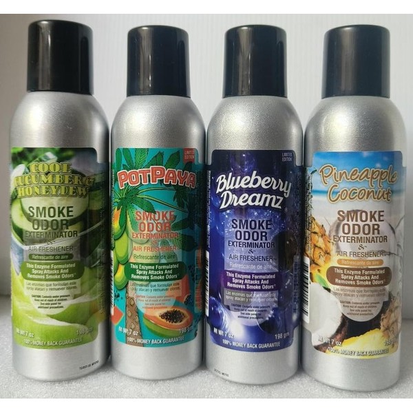 Smoke Odor Exterminator 198 gm/ 7 oz Large Spray Cool cucumber & Honeydew Melon Set of Four Cans. Assortment (4) Includes Cool cucumber & Honeydew Melon, Potpaya, Blueberry Dreamz and Pineapple Coconut.