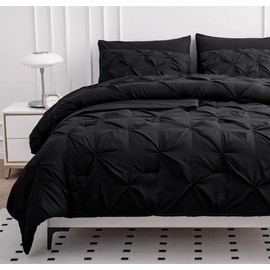 LANE LINEN Twin Comforter Set, 5 Piece Twin Bedding Sets, Ultra Soft Pintuck Twin Bed in a Bag Set with Down Alternative Comforter, Sheets, Pillowcase & Sham, Pinch Pleated Kids Bedding Set - Black