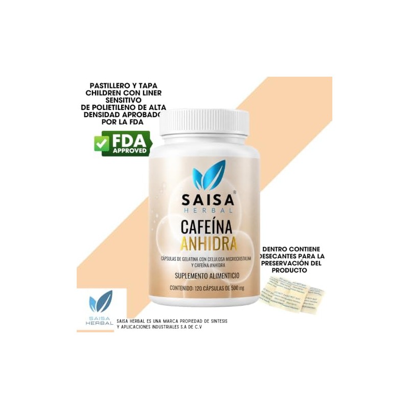 Cafeína Anhidra 200 mg Con 120 Cápsulas Saisa Herbal