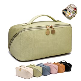 Large Capacity Travel Cosmetic Bag, Portable Leather Makeup Bags for Women, Travel Toiletry Bag Waterproof Leather Makeup Organizer Bag, Roomy Cosmetic Bag for Women and Girls