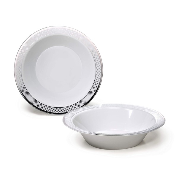" OCCASIONS " 60 Piece Plates Pack, Heavyweight Disposable Wedding Party Plastic Bowls (14oz Soup Bowls, Sundance White & Silver)