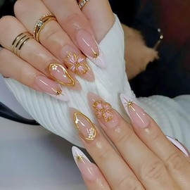 24Pcs French Tip Press on Nails Medium Almond Fake Nails 3D Cherry Blossoms Glue on Nails Cute Flower Press ons Gold Chrome Star Acrylic False Nails Nude Pink Stick on Nails for Women Spring Nails