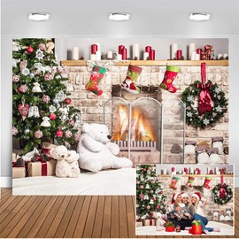 CHAIYA 7x5ft Christmas Photography Backdrop Christmas Fireplace Backdrop White Brick Fireplace Bear Christmas Tree Backgrounds Children Photography Studio Prop