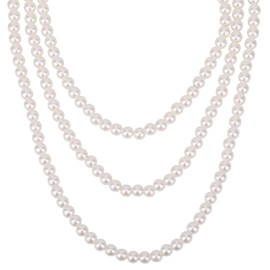 WedDecor Long Pearl Necklaces, Long White 1920s Gatsby Themed Pearl Necklace for Women, White Artificial Pearls Long Sweater Chain Beaded Necklace, Costume Jewellery, Aux Pearls Art, 144cms, Set of 2