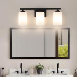 huong son 3-Light Bathroom Light Fixtures, Matte Black Vanity Lights with Milk Glass Shade, Bathroom Vanity Light Over Mirror for Kitchen Living Room Hallway Cabinet Porch