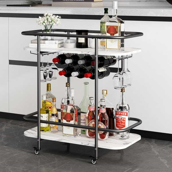 Benoss Black Home Bar Cart on Wheels, Mobile Serving Wine Cart with Glass Holder and Wine Rack, Modern Rolling Drink Trolley for Coffee Tea Wine, Beverage Bar Cart for Dinning Room Kitchen Party Black