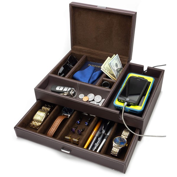 Mens Watch Box Leather Valet Tray - Bedside Table Organizer, Men's Jewelry Box, Watch Case for Men with Large Smartphone Charging Station - Jewelry Box for Men with Valet Box and Nightstand Organizer