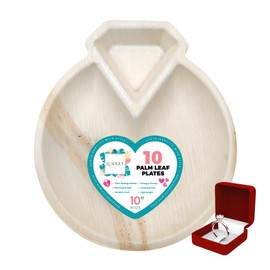 Leafique 11 x 10 Inch Palm Leaf Engagement Ring Shape Trays (Pack of 10) – Eco Friendly Bamboo Disposable Charcuterie Boards, Compostable & Biodegradable Wedding Serving Platters with 2 Compartments