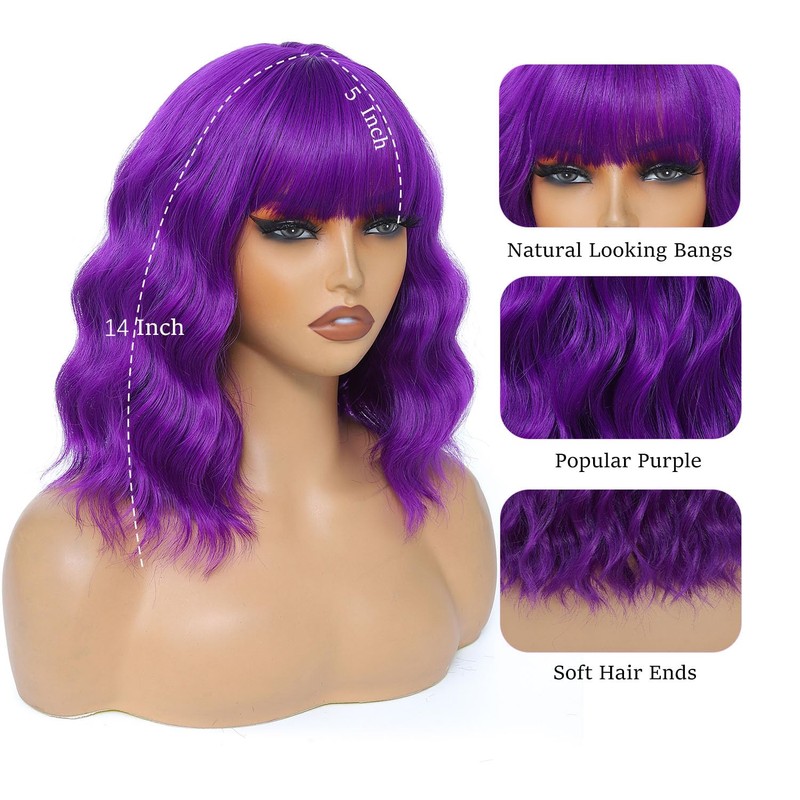 Short Wavy Purple Bob Wig with Bangs Synthetic Wigs for