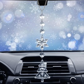Christmas Ornaments Car Rear View Mirror Pendant Acrylic Christmas Car Decorations Pendant Car Accessories Rear View Mirror Accessories Car Mirror Hanging Accessories (Snowflakes Christmas Tree)