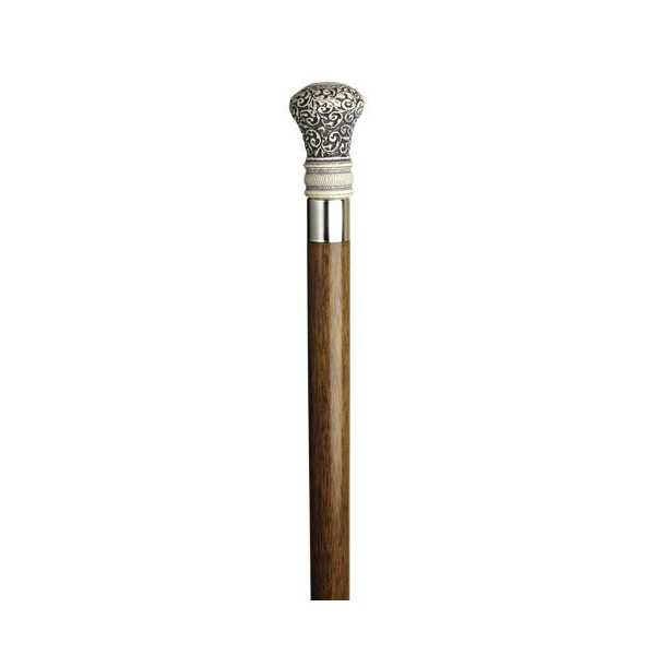 Walking Cane - Simulated antique scrimshaw Regency bulb handle-made of polymer resin. Walnut handle is set on 1" diameter hardwood which tapers to 3/4". The shaft is 36" long with rubber tip.