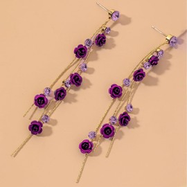 TOFBS Earrings for Women Rose Flower Pendant Long Tassel Earrings S925 Sterling Silver Cubic Zirconia Dangly Drop Retro Boho Statement Earrings for Women and Girls Purple