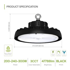 ASD LED High Bay UFO Light Fixture, Commercial Shop Lighting | 3CCT, Dimmable, IP69K Waterproof, DLC Premium, UL Listed | 300W 47700LM 3000-5000K 100-277V | Warehouse, Garage, Workshop Lamp | Black