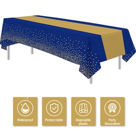 Suhelkit Blue and Gold Party Tablecloth Decorations, 3Pcs Disposable Blue Rectangle Table Covers Printed Gold Table Runner & Dot, for Birthday Baby Shower Wedding Anniversary Graduation, 55in x 86in