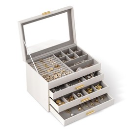BIQI MUSSE Jewelry Box with Clear Lid, 4-Layer Jewelry Organizer, 3 Drawers Large Capacity for Necklace Earrings Rings Storage, Gift for Women, Cream White