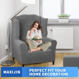 MAXIJIN Wingback Chair Covers 1-Piece Stretch Wing Chair Covers Soft Thick Wingback Armchair Slipcover Non-Slip High Back Chair Furniture Protector Washable (Wing Chair, Light Gray)