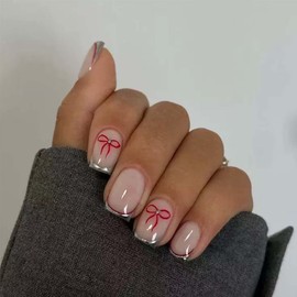 French Tip Press On Nails Short Square Fake Nails Bowknot With Pearl Design Cute False Nails Reusable Artificial Acrylic Nails Glue On Nails Full Cover Stick On Nails For Women Manicure 24pcs