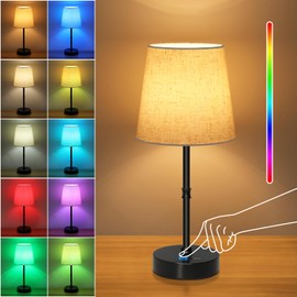 Ascher Small Cordless Table Lamp RGB 7 Color, 3000K/4500K/6500K, Built-in Rechargeable Battery, Dimmable Portable Bedside Night Lamp 14.5inch, Flaxen Shade Ambient Light for Restaurant, Bedroom