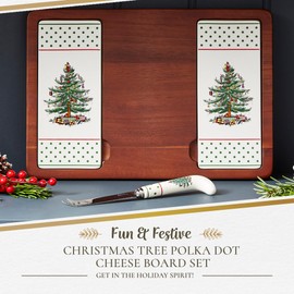 Spode Christmas Tree Cheese Board & Knife Set, Polka Dot - Holiday Entertaining, Charcuterie, Cheese and Cracker Tray, and Seasonal Serveware - Christmas Table Setting and Cheese Presentation