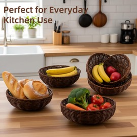 6-Pack Small Round Handwoven Wicker Baskets – Multi-Purpose Rattan Fruit & Bread Serving Baskets, Storage & Organizer Bowls for Kitchen, Home, Restaurant – Brown