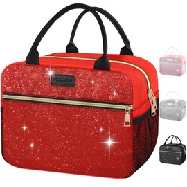 BAOGCOYO Lunch Bag For Women, Leakproof Glitter Lunch Box, Cute Lunch Tote Bag Adult, Large Capacity Insulated Reusable Cooler Lunch Containers for Work Travel Picnic or Office (Red Bling Sparkle)