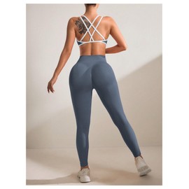 RoseSeek Women's 2 Piece Workout Tracksuits Set Crisscross Strappy Sports Bra and Tummy Control Leggings Dark Grey Small