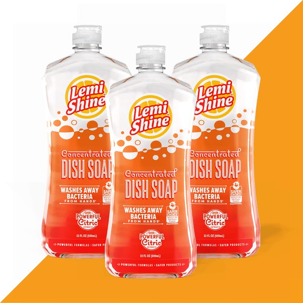 Lemi Shine Natural Concentrated Liquid Dish Soap - Hard Water Stain Remover - Wash Away Bacteria, Fresh Lemon Scent, 22 Fluid Ounces (Pack of 3)