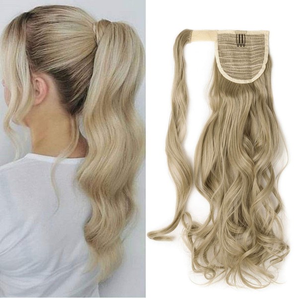 Ponytail Extension Wrap Around Long Straight Curly Clip in Ponytail Hair Extensions for Women Brown Black Blonde Hairpiece 17"-Curly, Ash Blonde mix Bleach Blonde